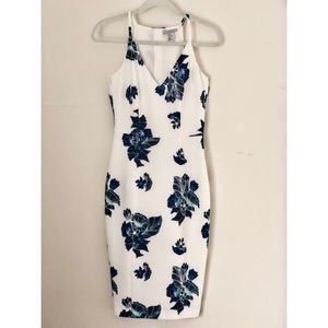 H&M white with blue floral detail midi dress